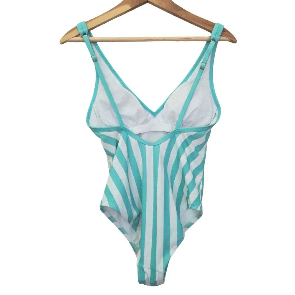 Kona Sol | Striped Plunge V-Neck One Piece Swimsuit
